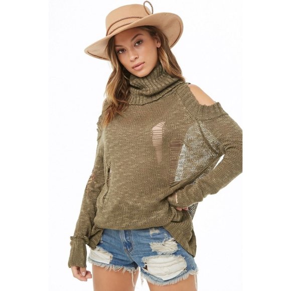 Easel Distressed Open Shoulder Sweater- Olive - Picture 1 of 4